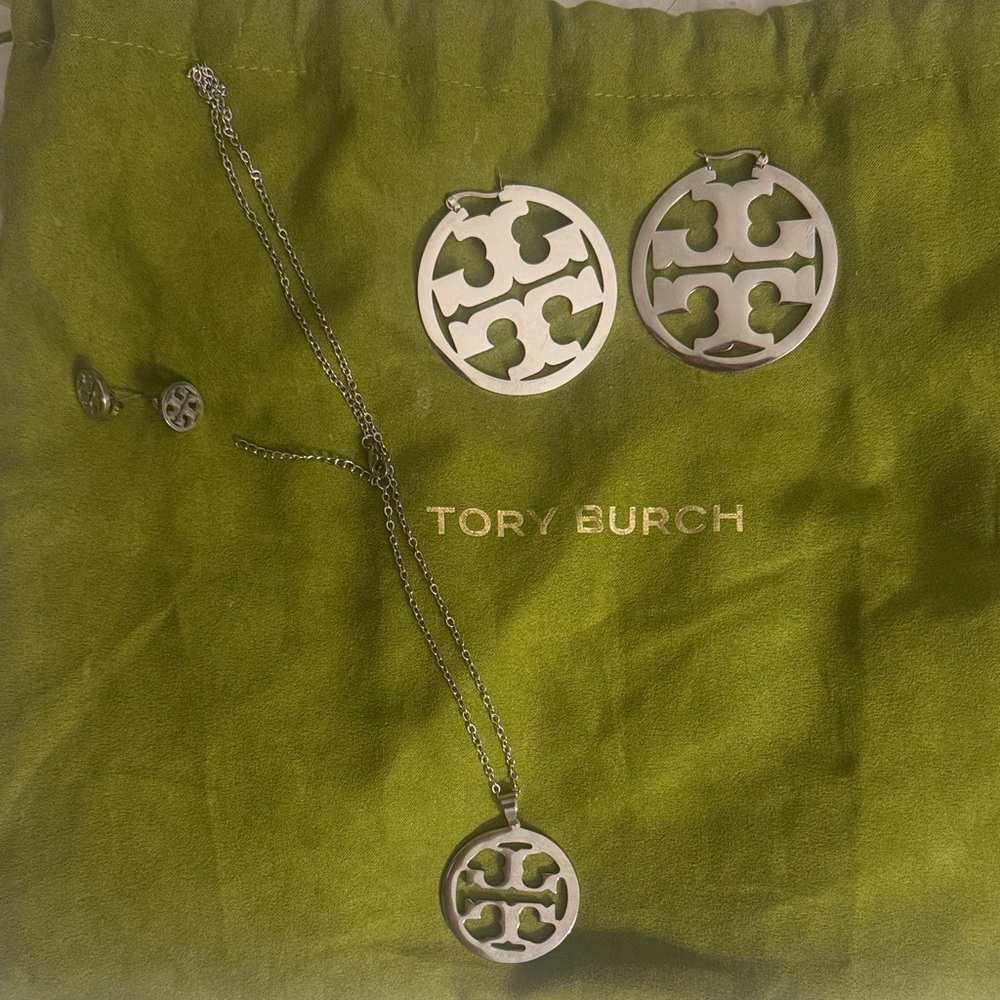 Tory Burch Silver Logo Necklace and Earrings